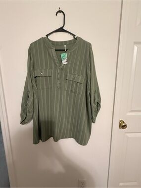 3rd & Mill Olive Green Striped Roll-Tab Blouse NWT 3X